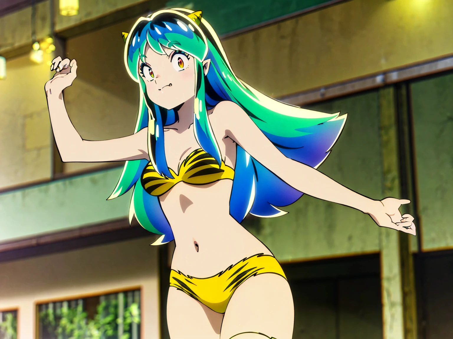 Tabletop, Highest quality, Ultra-high resolution, Highest quality, Anime Style, Alien Girl, They are, 17 years old, Attractive girl, Long Green Hair, Yellow horn, Ram, Ram_Bikini, Yellow tabby bikini, A carefree smile, Animated facial expressions, Face Focus, close, pov