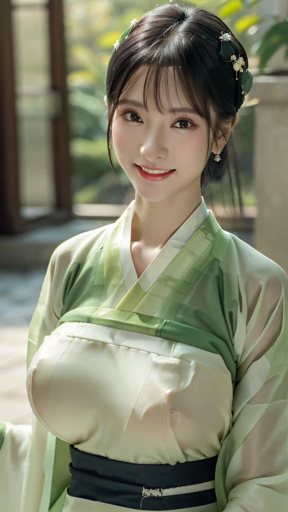 1 girl, national foundation, (hotel background), ((32k, raw, masterpiece: 1.5)), (Professional photography, sharp:1.2), Perfect dynamic composition, (Natural sun light), (soft shadow), (Perfect body:1.4), (((skinny figure))), ((huge round breasts: 1.2)), (((((black ponytail hair, bangs))))), Ultra-detailed faces and skin, perfect asian, White skin, (Delicate skin:1.4), (latex skin:0.4), (perfect glowing skin:0.6), light brown eyes, beautiful eyes, round eyes, pretty face, blush, glossy lips, glossy eyes, Perfectly proportioned face, Really moist skin, Refined expression, (((huge smile at the camera))), looking at camera, Refined expression, Elegant necklace, Elegant earrings, minimalist, ((((green hanfu))))