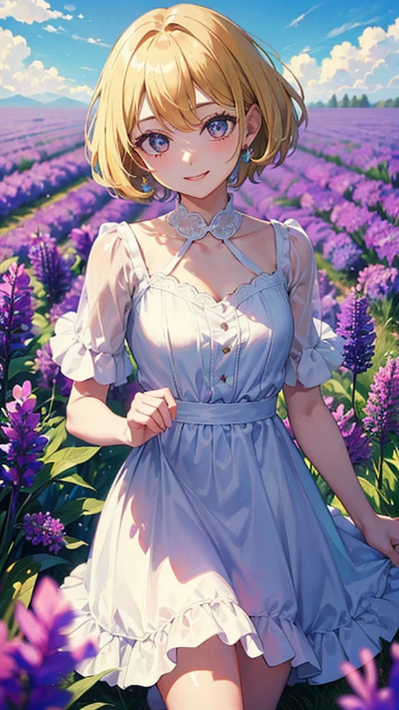 (masterpiece, best quality:1.3), 1 girl, solo, teenager,(top quality eyes:1.3),An 18-year-old girl with short pixie-cut ash hair and cyaan eyes, wearing a simple white dress, smiling in a vibrant lavender field with bright blue skies,
