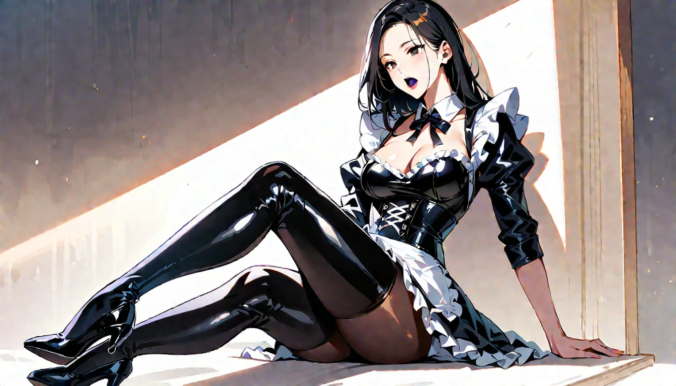 1 young woman,(Highest quality,Extremely detailed depiction,Incredibly absurd high resolution,Anatomically accurate depiction,Perfect body,Two curvaceous legs),(Glowing Skin,Shiny skin,Oilskin),(Black and white latex maid outfit,Maid Skirt,corset,black tights,High heels),eyelash,(Black Eyes,Light,Sleepy look,There is cleavage in the chest,black lipstick,Heavy makeup,eye shadow,mascara,eyeliner,sitting on the sofa with one&#39;s knees up),Sweat,(whole body),(background:Night room),Purple light,From below:1.3