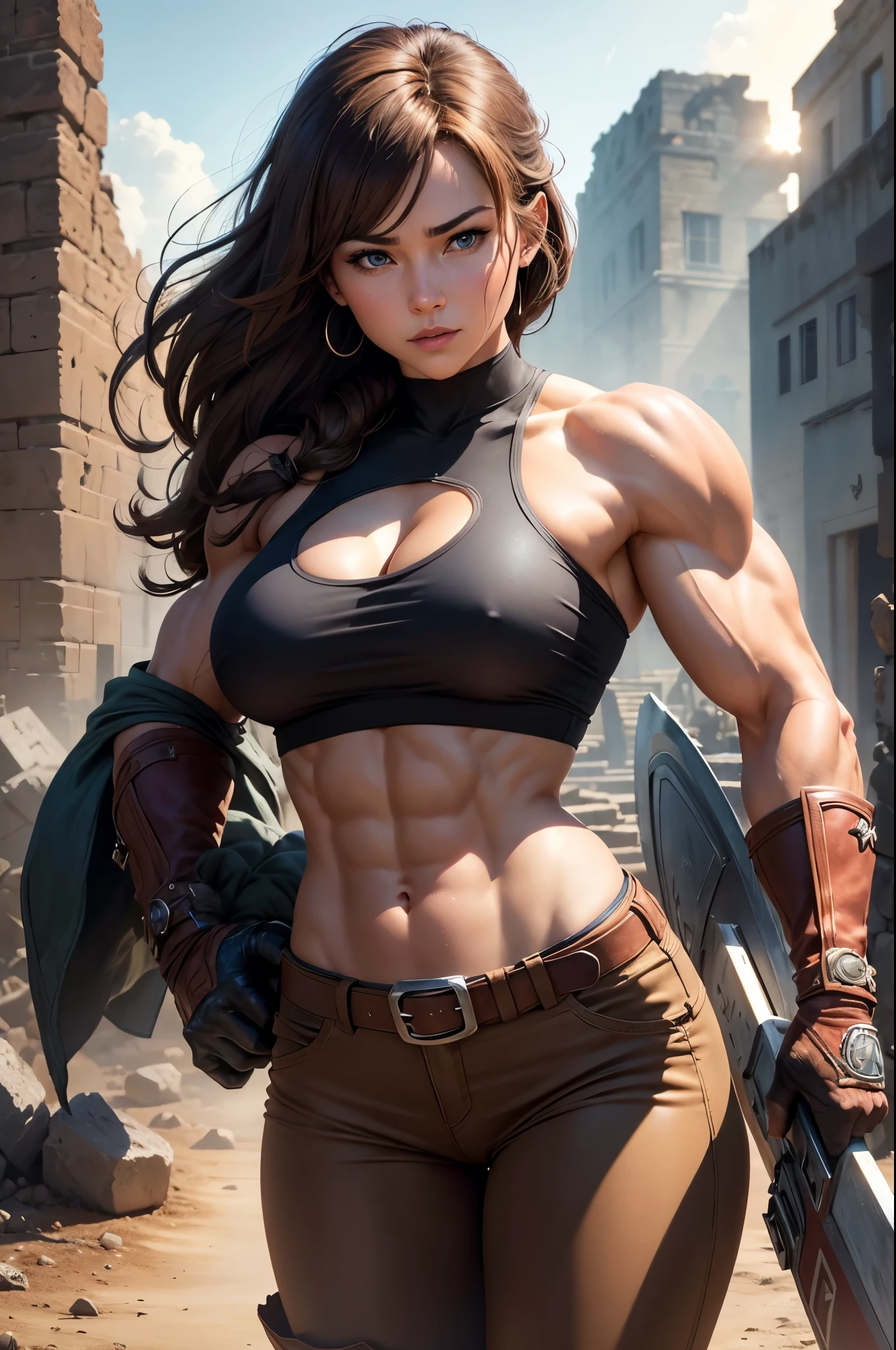 Realistic, 8k,ファンタジーのアラフェッドは茶色の胸鎧を着たGerman Womanの写真のPauseをとる,Super muscular body, Women with fearless features(Lifelike face), Super muscular and macho woman, Brown-haired Helly Shorthair, Super muscular macho man in brown pants and protectors,masterpiece、8k resolution、Fantasy art、Ultra-high resolution,,Mr..々Pause,charm,sexy,Rich colors, Backlight, Cinema Lighting, Film Grain, to be born, 50mm lens, Nikon D850,German Woman,Blue Eyes,Strong and thick muscles,ダイナミックなファイティングPause,Dynamic Angles,Uplifting,Like a female bodybuilder,Carry a large battle axe on your shoulder,In front of the ruins,