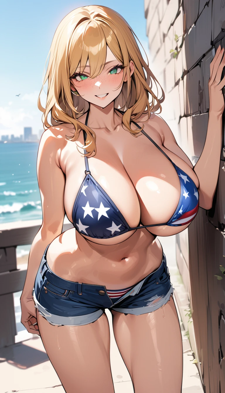 (best quality), (very aesthetic), (ultra-detailed), (best illustration), 1 girl, Solo, fine texture, blonde hair, long wave hair, (huge breasts1.2), freckles, light green eyes, sharp look, Stars and Stripes (US flag) Bikini, denim hot pants,City by the beach, standing against the wall ,smile