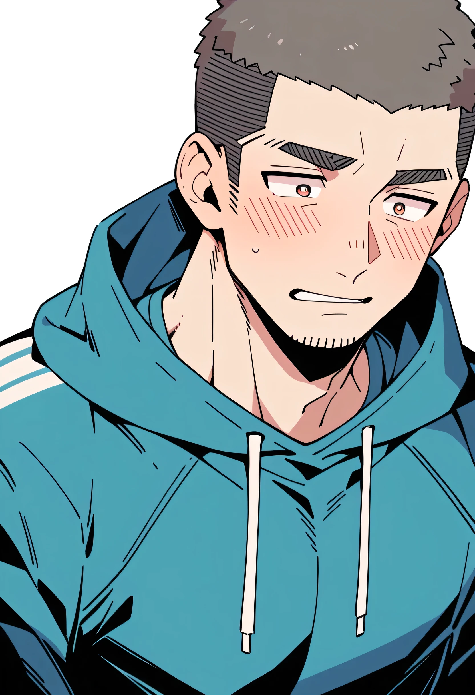 anime characters:Priapus, Muscle Sports Student, Buzz Cut, Manliness, male focus, Sports tight hooded sweatshirt, Very tight, full and perky chest muscles, muscular male, muscular, only, Upper body, alone, Black short hair, Thick eyebrows, stubble, Brown-red pupils, White background, simple background, amazing quality, best aesthetics, Ridiculous, crew cut, parted lips, flustered, endured face, shy, blush, negative space, best quality