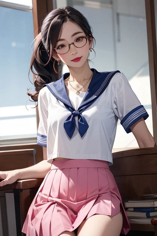 Beautiful mature woman, 55-year-old Japanese woman, Married women, Fine Lines, Long eyelashes, Shining Eyes, Low Ponytail, eye shadow, Red lipstick, Pink Cheeks, elegant, Pearl Necklace, Earrings, wear glasses, (Seraphim, Student Sailor Suit:1.2), Pleated skirt, dark blue, Cleavage, photo shoot, Under the blue sky, When you jump, your skirt flips up, Big Jump