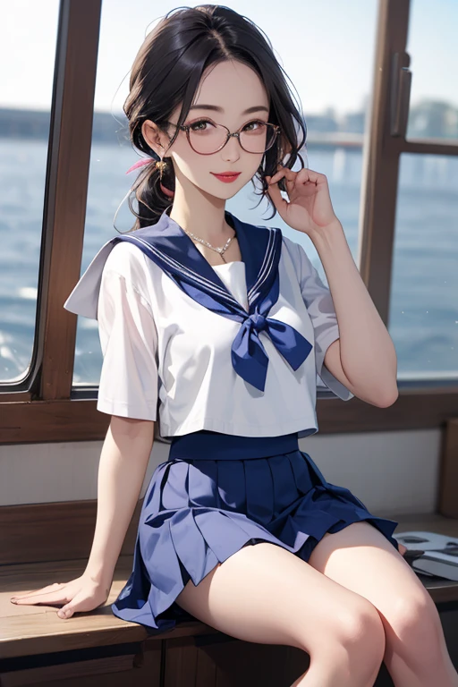 Beautiful mature woman, 55-year-old Japanese woman, Married women, Fine Lines, Long eyelashes, Shining Eyes, Low Ponytail, eye shadow, Red lipstick, Pink Cheeks, elegant, Pearl Necklace, Earrings, wear glasses,  (Seraphim, Student Sailor Suit:1.2), Pleated skirt, dark blue, Cleavage, photo shoot, Under the blue sky, When you jump, your skirt flips up, Big Jump