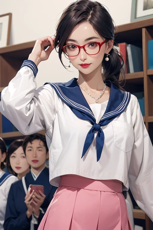 Beautiful mature woman, 55-year-old Japanese woman, Married women, Fine Lines, Long eyelashes, Shining Eyes, Low Ponytail, eye shadow, Red lipstick, Pink Cheeks, elegant, Pearl Necklace, Earrings, wear glasses,  (Seraphim, Student Sailor Suit:1.2), Pleated skirt, dark blue, Cleavage, photo shoot, Under the blue sky, When you jump, your skirt flips up, Big Jump