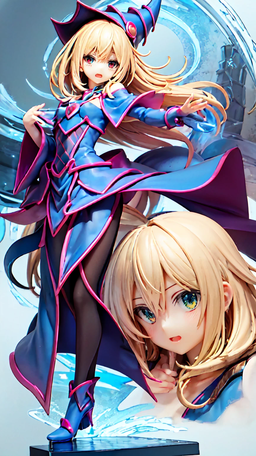dark magician girl, Super detailed, Very detailed, masterpiece, 最high quality, 最high quality, Absurd, High resolution, Black Magician Girl, (One girl:1.2), alone, Detailed face, Dynamic pose, Hair flow, (whole body:1.1), Blonde, Long Hair, View your viewers, Green Eyes, Detailed skin, chest, Manicure, skirt, Blue footwear, Blue hat, Wizard's Hat, Cane, I have a hat, (Blue panties:0.9), masterpiece, Very detailed, A magnificent composition, high quality, 最high quality, 4K, (white background:1.5), pedestal , Figures