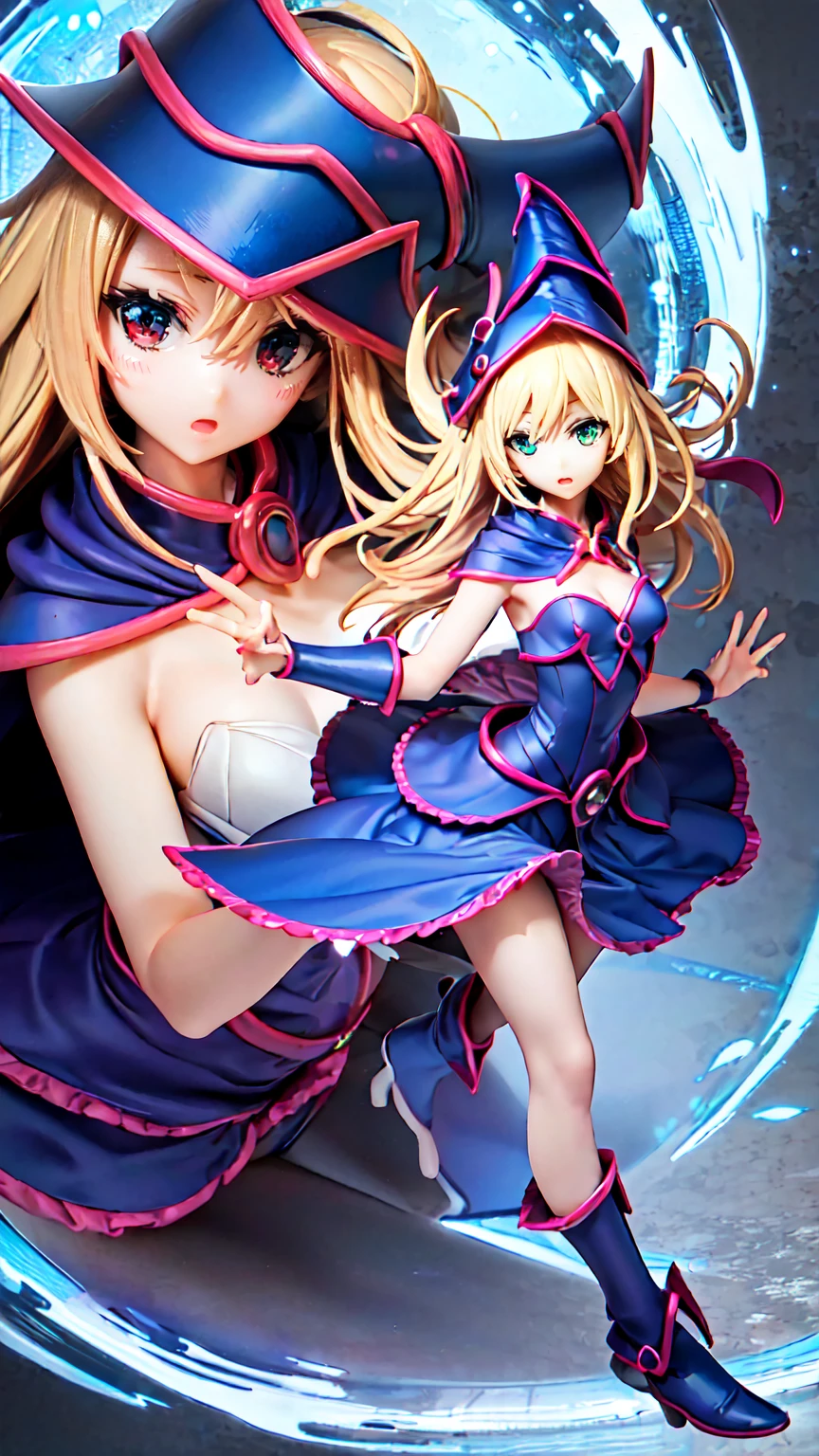 dark magician girl, Super detailed, Very detailed, masterpiece, 最high quality, 最high quality, Absurd, High resolution, Black Magician Girl, (One girl:1.2), alone, Detailed face, Dynamic pose, Hair flow, (whole body:1.1), Blonde, Long Hair, View your viewers, Green Eyes, Skin Dentition, Detailed skin, Skin pores, (Shiny skin, Shiny skin:1.1), Rosy skin detail, chest, Manicure, skirt, Blue footwear, Blue hat, Wizard's Hat, Cane, I have a hat, (Blue panties:0.9), (Summoning array:1.1),, masterpiece, Very detailed, A magnificent composition, high quality, 最high quality, 4K, (white background:1.5)