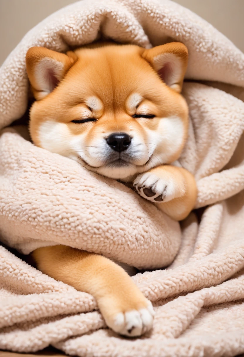 A Shiba Inu puppy, tired from playing, taking a nap snuggled up to a stuffed animal and a blanket。The sight of her sleeping defenselessly、The sight of the little body curled up is very soothing.。