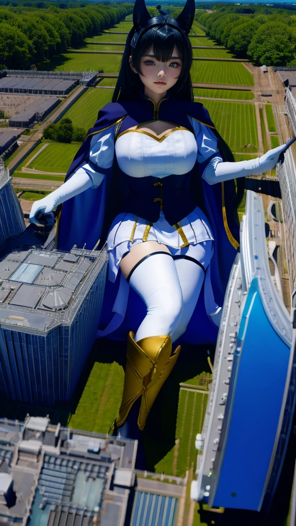 Medieval European town、((((A girl bigger than the city))))、(((Azur Lane Cheshire Cosplay)))Looking up from below，50 foot tall giant girl，Has super long legs,((Bend))，((A pair of huge breasts))，((Plump thighs))、high ，mini skirt,Long black hair，Beautiful appearance，Exquisite makeup，quality，8k，High quality，(governor:1.5)，Perfect Proportions, Cinema Lighting，Film Grain，The Colors of Fuji，8k，Textured skin，Super Detail，High detail，high quality，High resolution