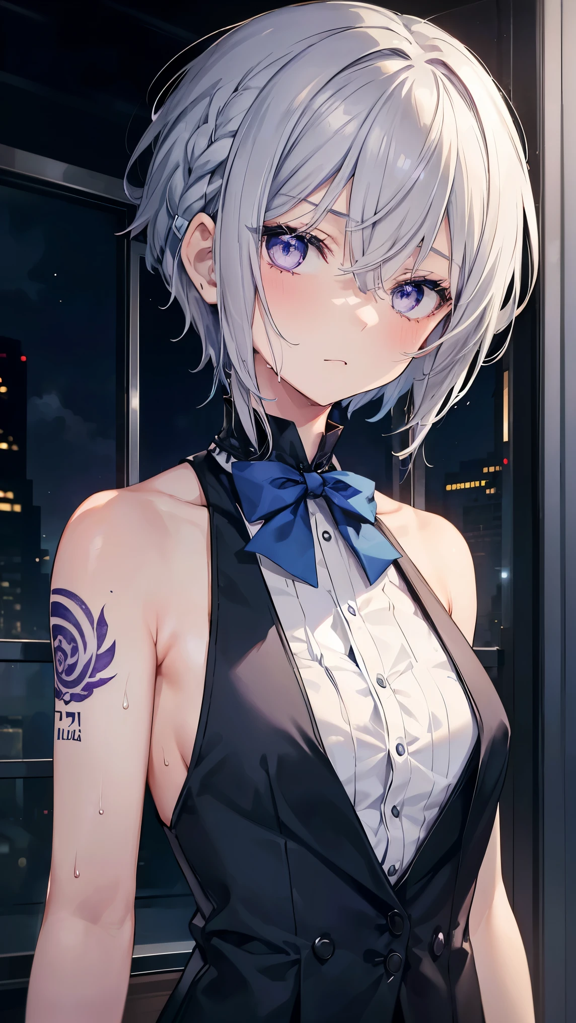 High resolution,high resolution,Girl,(Braiding,Gray Hair,Short Hair,Blue accent color),Purple Eyes,Slanted Eyes,Bad mood,boyish,slender,Toned body,Butler,Tuxedo,Tattoo,,low length,Starry Sky,choker,Wet with sweat,