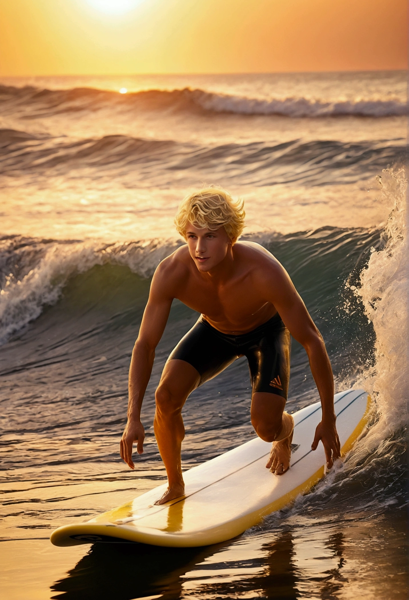 (male,Mid-range budget),(short,Blonde),(Ride the Wiglet:1.1,Just like a surfboard),(Through the waves),(Sunset behind).,(Highest quality:1.2),(Very detailed),(Realistic:1.37),(landscape),(Vibrant colors),(Warm and vibrant colors),(soft, Golden Light),(Sparkling light reflected on the water surface)