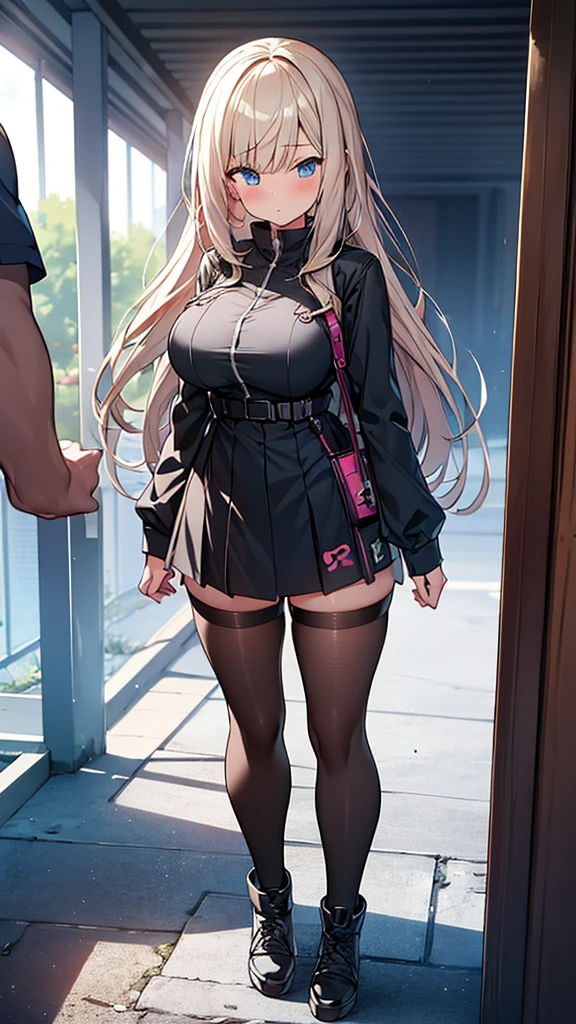 Full body image, フロント, One girl, 18-year-old, Mix 4, (32k, RAW Photos, Highest quality, masterpiece:1.2), (Anime-like, photoAnime-like:1.37), cute, ミニスカートのドレス, night, rain, Humidity, Professional Lighting, Photon Mapping, Radio City, Physically Based Rendering, Super Resolution, (Big Breasts:1.2), {{The biological weapon that had preyed on the younger sister took her place and reunited with the older brother.}}, Girl Skull, whole body, NSFW