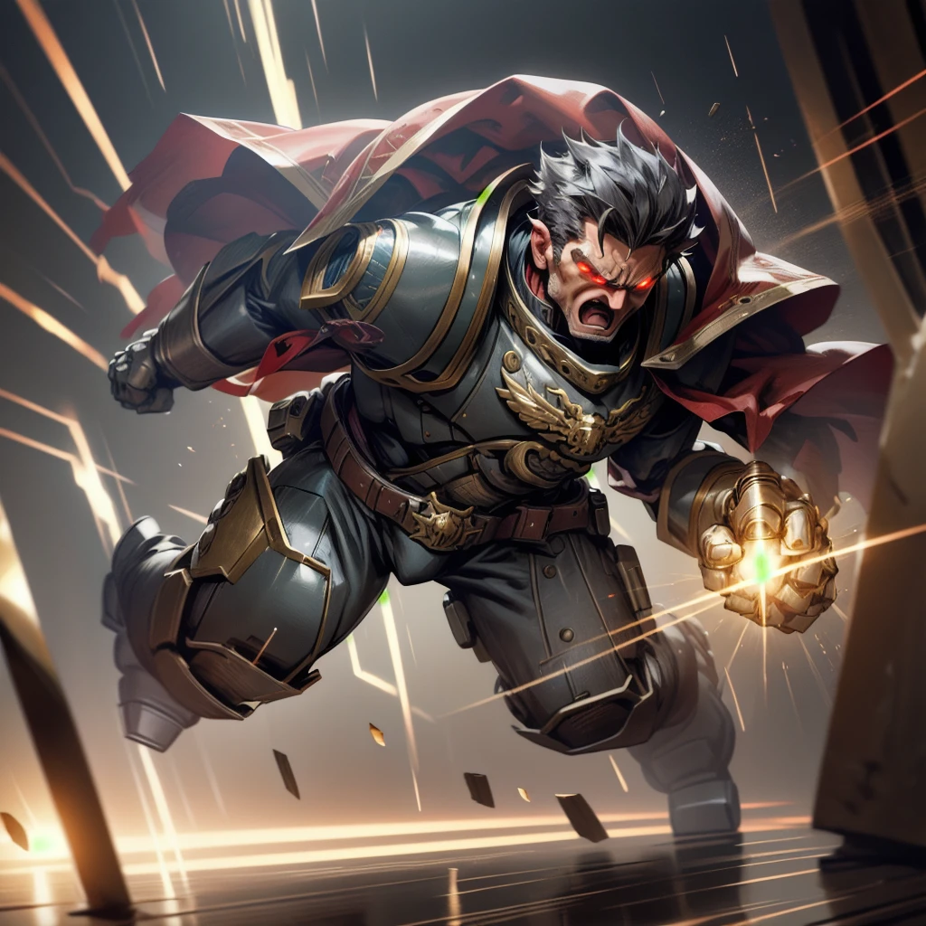 volumetric cinematic lighting, (highly detailed:1.4), digital render, smooth, sharp focus, full body 8k render, action shot, realistic reflections, cinematic composition, 
 calgar, solo, 1boy, middle aged man, military man, bionic eye, cape, ammunition belt, arm cannon, one glowing red eye, power fist, pauldron, iron halo, poised, 
jumping, clenched fist, ready to punch, fury, anger, 
 