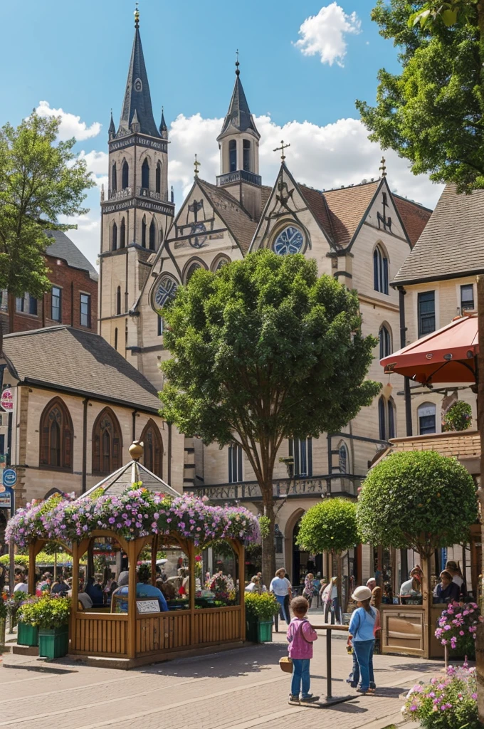 "Bench"
"Flower bed"
Trees
"Street performers"
"Historical buildings"
"Bell Tower"
"Town residents"
"Shop Window"
"Coffee shop display"
"Square pigeons"
"Children's play area"
"Monument"
"Town Church"
"Festival decoration"
"Community activities"
"Outdoor market"
"Town atmosphere"