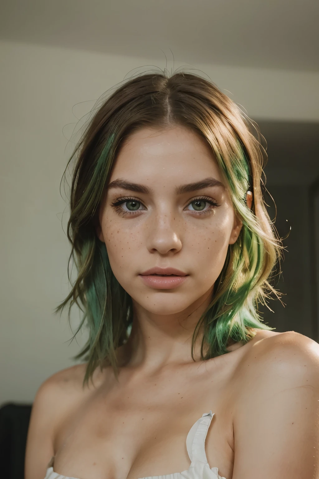 realistic portrait photo of modern beautiful woman with green hair, hair roots slightly faded, canadian, influencer, small freckles, light brown eyes, no makeup, instagram