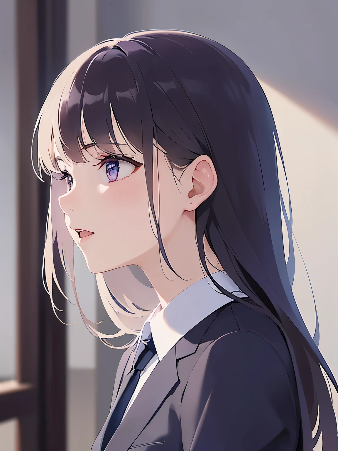 (looking away:1.5), side angle, Upper Body, Realistic, real person, (pale skin: 1.2), RAW photo, photorealistic, shiny skin, shiny hair、(A 25-year-old woman with straight hair and bangs) and (medium hair) and (black hair) and (purple eyes) , (business suit:1.5) and (white collared shirt)、smile, open mouth, The background is the conference room、Alone、Are standing