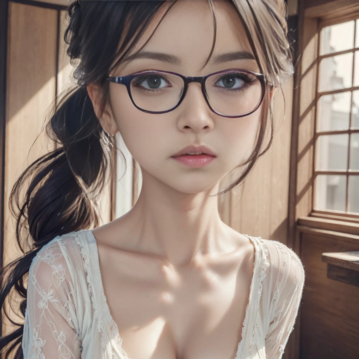 1girl, standing in Japanese style living room, 4'10" stature, and delicate figure, long black hair in half updo, cute pouty face, wearing a cropped sweater, ripped skinny jeans, large black rimmed glasses, full body portrait, living room view, barefoot, (best quality,4k,8k,highres,masterpiece:1.2),ultra-detailed,(realistic,photorealistic,photo-realistic:1.37),detailed eyes,detailed lips,extremely detailed face and features,longeyelashes,natural lighting,warm color tone,soft focus,cinematic composition