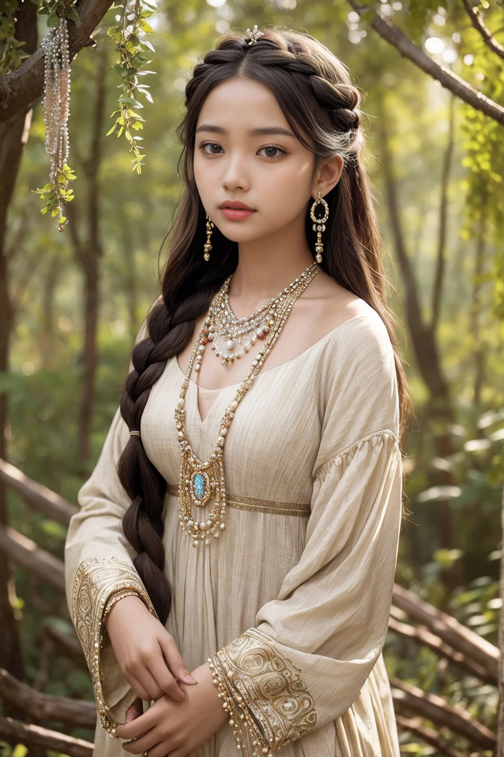 A captivating and mesmerizing portrait of a young girl with brown skin, standing amidst the serene beauty of a tranquil wooded forest. Her enchanting brown eyes draw you in, while her intricate braids adorned with colorful beads, pearls, and decorative elements create a mesmerizing pattern. A bold nose piercing graces her left nostril, adding to her unique and mystical allure. Layered necklaces of vibrant beads frame her neckline, highlighting her fairy-tale-like beauty. The atmosphere of this enchanting scene is serene, as if she is an ethereal being from a timeless story, captured in a photo to be cherished.
