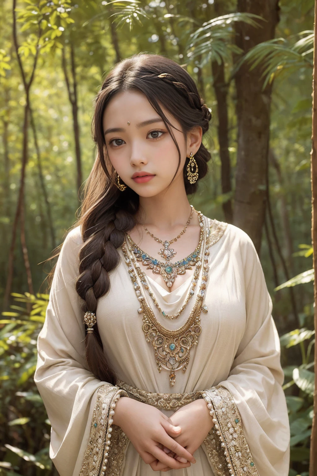 A captivating and mesmerizing portrait of a young girl with brown skin, standing amidst the serene beauty of a tranquil wooded forest. Her enchanting brown eyes draw you in, while her intricate braids adorned with colorful beads, pearls, and decorative elements create a mesmerizing pattern. A bold nose piercing graces her left nostril, adding to her unique and mystical allure. Layered necklaces of vibrant beads frame her neckline, highlighting her fairy-tale-like beauty. The atmosphere of this enchanting scene is serene, as if she is an ethereal being from a timeless story, captured in a photo to be cherished.