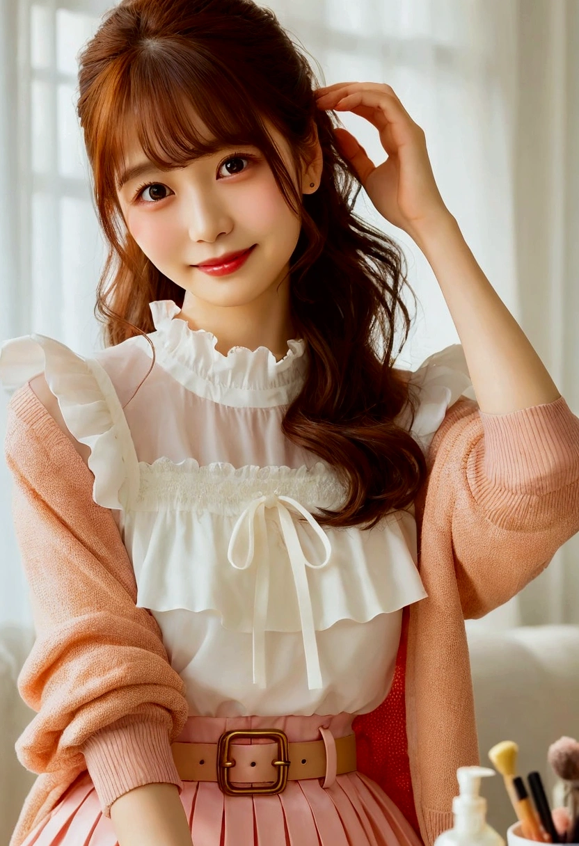 A woman in her fifties with long hair and a pink dress poses for a photo, pretty girl, Ulzzang, Frills, Frillsy outfit, Frillsed blooming collar, korean female fashion model, sakimichan, Korean Girls, Gorgeous Young Korean Woman, Soft and cute colors, Beautiful young Korean woman, Cute Smile, An innocent smile