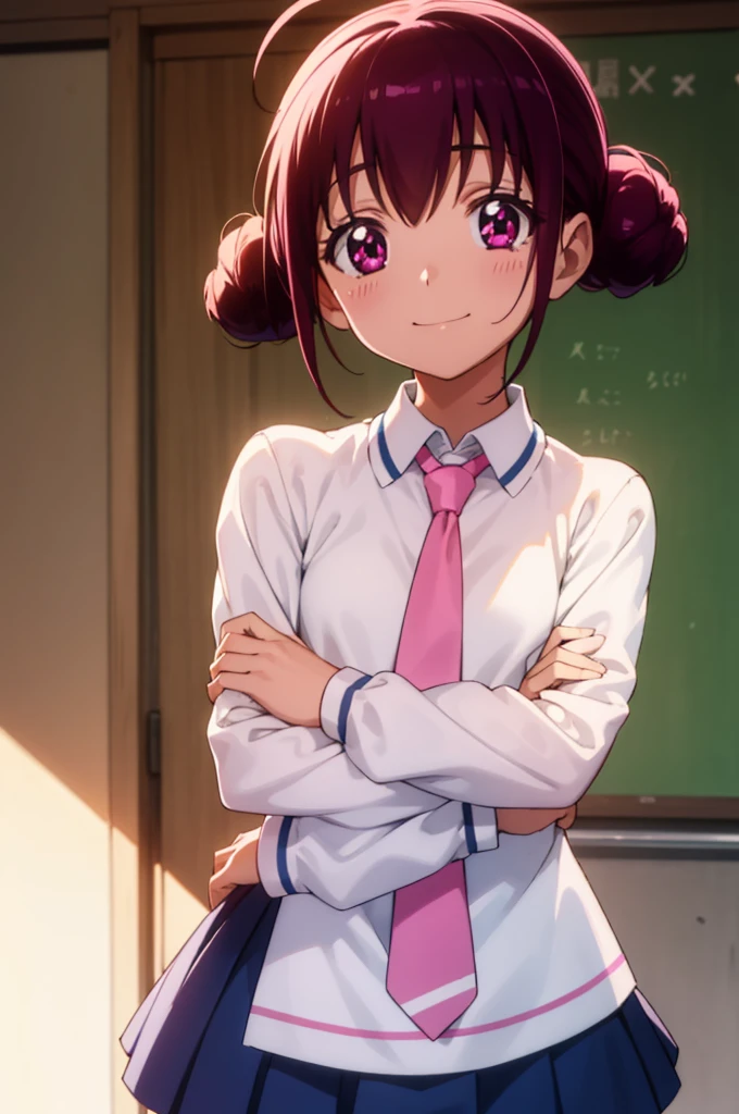 miyukihoshizora, miyuki hoshizora, short hair, pink hair, bow, hair bow, (pink eyes:1.3), hair bun, double hair bun, ahoge, yellow bow, smile,
BREAK , necktie, pink necktie, nanairogaoka middle , long sleeves, skirt, blue skirt,
BREAK indoors,classroom,
BREAK looking at viewer, dynamic pose,
BREAK (masterpiece:1.2), best quality, high resolution, unity 8k wallpaper, (illustration:0.8), (beautiful detailed eyes:1.6), extremely detailed face, perfect lighting, extremely detailed CG, (perfect hands, perfect anatomy),