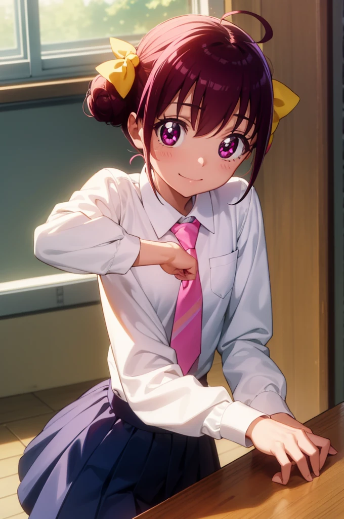 miyukihoshizora, miyuki hoshizora, short hair, pink hair, bow, hair bow, (pink eyes:1.3), hair bun, double hair bun, ahoge, yellow bow, smile,
BREAK , necktie, pink necktie, nanairogaoka middle , long sleeves, skirt, blue skirt,
BREAK indoors,classroom,
BREAK looking at viewer, dynamic pose,
BREAK (masterpiece:1.2), best quality, high resolution, unity 8k wallpaper, (illustration:0.8), (beautiful detailed eyes:1.6), extremely detailed face, perfect lighting, extremely detailed CG, (perfect hands, perfect anatomy),