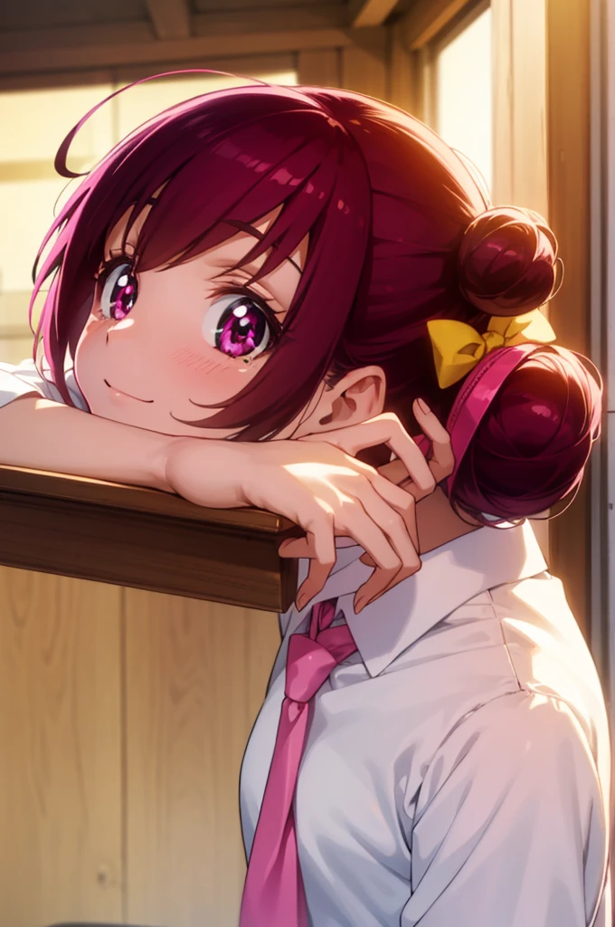 miyukihoshizora, miyuki hoshizora, short hair, pink hair, bow, hair bow, (pink eyes:1.3), hair bun, double hair bun, ahoge, yellow bow, smile,
BREAK , necktie, pink necktie, nanairogaoka middle , long sleeves, skirt, blue skirt,
BREAK indoors,classroom,
BREAK looking at viewer, dynamic pose,
BREAK (masterpiece:1.2), best quality, high resolution, unity 8k wallpaper, (illustration:0.8), (beautiful detailed eyes:1.6), extremely detailed face, perfect lighting, extremely detailed CG, (perfect hands, perfect anatomy),