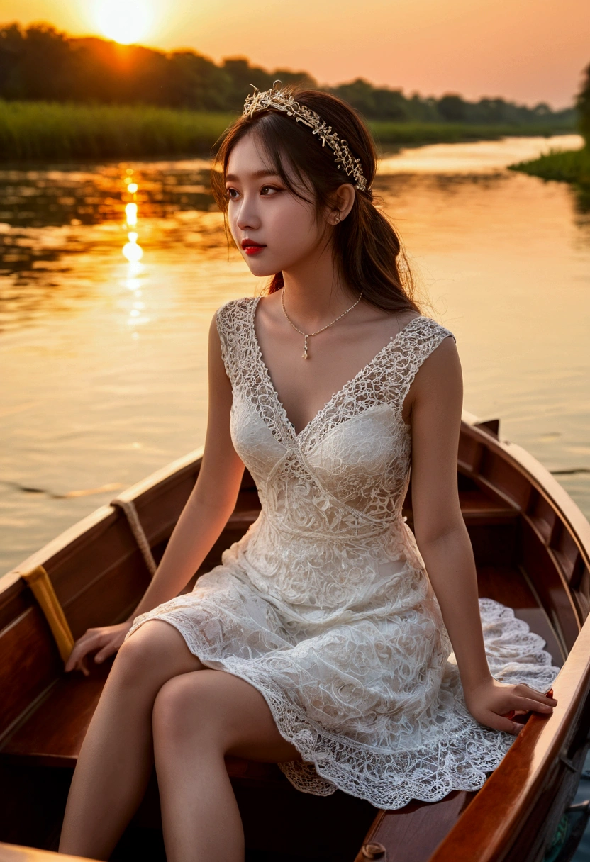 a girl sat on a boat which crosses the river at the time of sunset. she was 25 , wore a short white dress, she enjoy this moment, detailed skin.