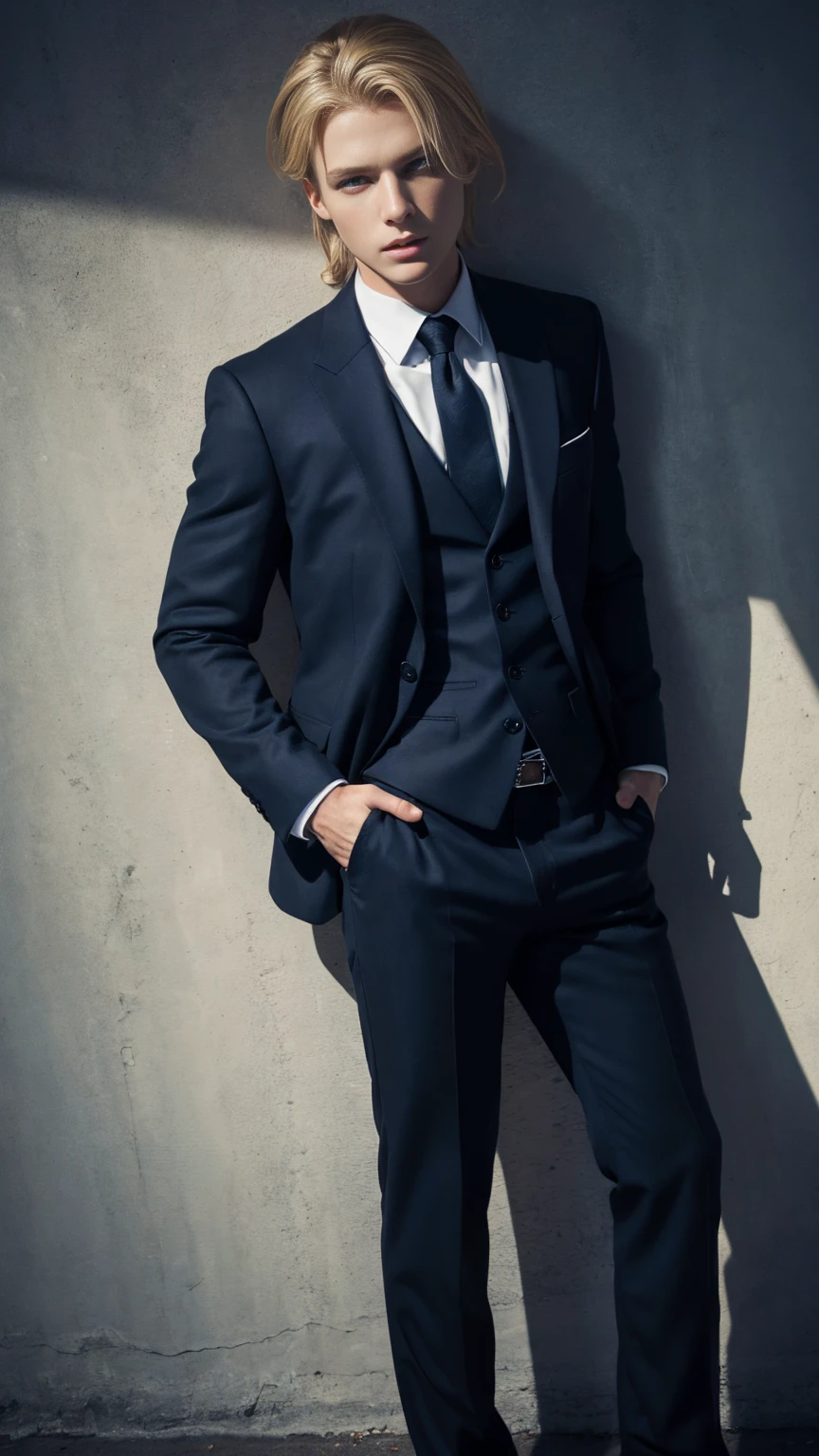 Highest quality, masterpiece, Ultra-high resolution, (Realistic:1.4), RAW Photos, One girl, Blonde, blue eyes, Detailed eyes and face, Black suit, Dynamic Lighting, In the Dark, Deep Shadow, Modest, Full body shot of a cowboy