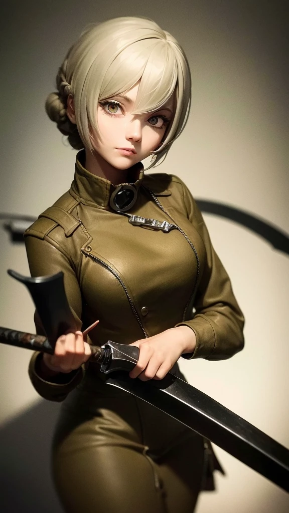 Masterpiece, Tabletop Figures, Highest quality, 4K, The face is precise(((must))), concept art, best shot, Holding a beautifully decorated long sword, A brave pose, head to toe((must)), A photo taken from a low angle of a gray haired Russian girl in her early 20s, Wearing jet black protector, cutting edge protective gear,  The background is a battlefield diorama, Ilya Kuvshinov's style