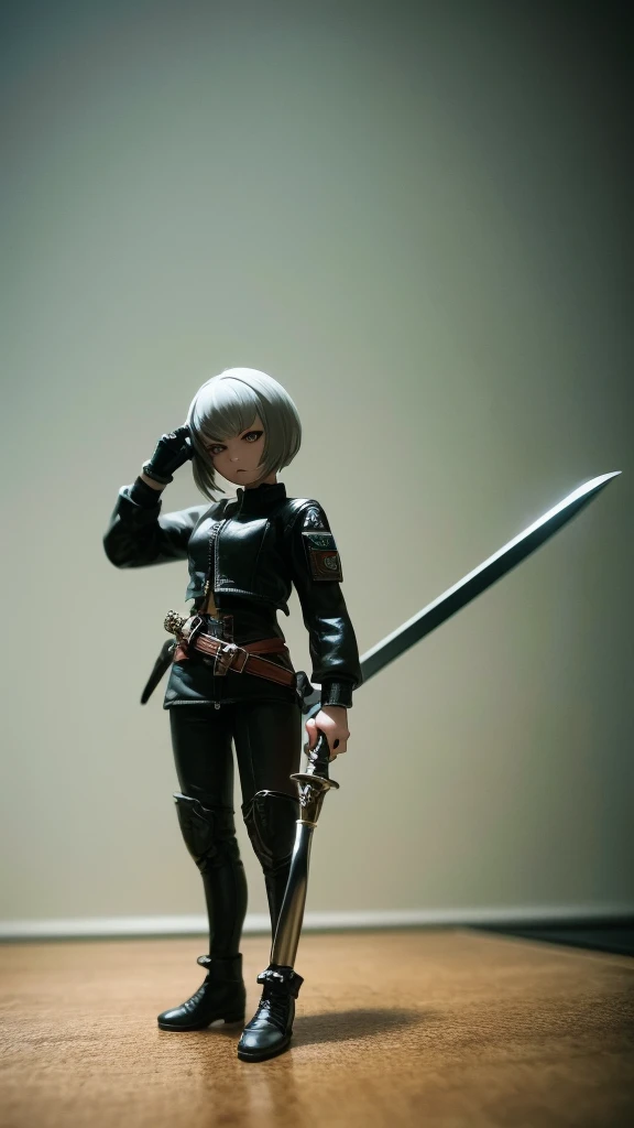 Masterpiece, Tabletop Figures, Highest quality, 4K, The face is precise(((must))), concept art, best shot, Holding a beautifully decorated long sword, A brave pose, head to toe((must)), A photo taken from a low angle of a gray haired Russian girl in her early 20s, Wearing jet black protector, cutting edge protective gear, The background is a battlefield diorama, Ilya Kuvshinov's style