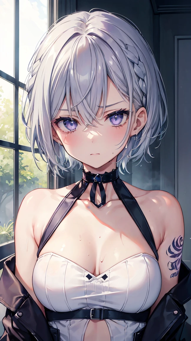 High resolution,high resolution,Girl,(Braiding,Gray Hair,Short Hair,Blue accent color),Purple Eyes,Slanted Eyes,Bad mood,boyish,slender,Toned body,Butler,,Tattoo,,low length,Starry Sky,choker,Wet with sweat,