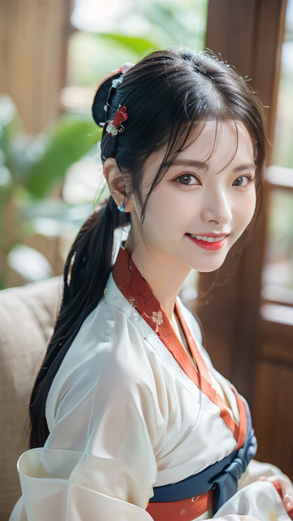 1 girl, national foundation, (hotel background), ((32k, raw, masterpiece: 1.5)), (Professional photography, sharp:1.2), Perfect dynamic composition, (Natural sun light), (soft shadow), (Perfect body:1.4), (((skinny figure))), ((huge round breasts: 1.2)), (((((black ponytail hair))))), Ultra-detailed faces and skin, perfect asian, White skin, (Delicate skin:1.4), (latex skin:0.4), (perfect glowing skin:0.6), light brown eyes, beautiful eyes, round eyes, pretty face, blush, glossy lips, glossy eyes, Perfectly proportioned face, Really moist skin, Refined expression, (((huge smile at the camera))), looking at camera, Refined expression, Elegant necklace, Elegant earrings, minimalist, ((((blue and red hanfu))))