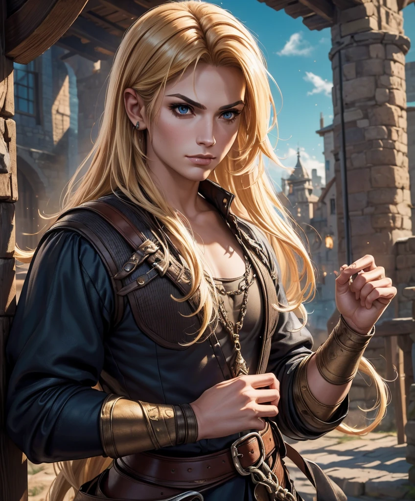 score_9, score_8_up, score_8,  (((Single character image.))) (((1boy))) (((Dressed in medieval fantasy attire.)))     (((This character is very sexy and dashing.))) Generate a daring, thrilling swashbuckler with a charm and style that is irresistible.  (((Sexy long blond hair.))) This is a character designed for a swashbuckler setting, near an exciting port town inhabited by dangerous thugs and other criminals.  He should be dashing, attractive and a charming and daring adventurer.  He wears stylish swashbuckler fashion with dark hair, dark features and a muscular build. ((bulgeJ8)) (((Background of the image is the medieval style port town.))) (masterpiece, top quality, best quality, official art, beautiful and aesthetic:1.2), extreme detailed,  colorful, highest detailed,  best quality:1.0,hyperealistic:1.0,photorealistic:1.0,madly detailed CG unity 8k wallpaper:1.0,masterpiece:1.3,madly detailed photo:1.2, hyper-realistic lifelike texture:1.4, picture-perfect:1.0,8k, HQ,best quality:1.0, 