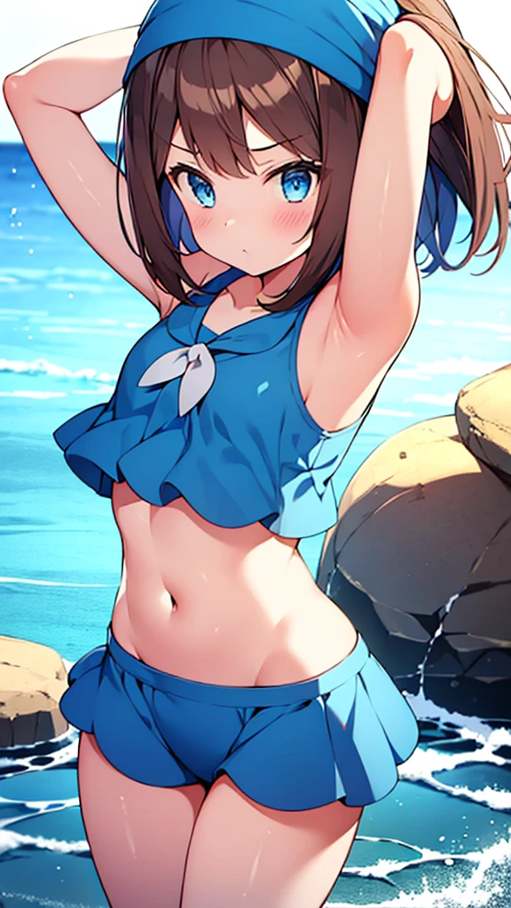 One girl, May Pokemon, Blue Bandana, Brown Hair, short hair, blue eyes, Posing in a blue bikini with her arms raised, chest, chestの谷間, Thighs, Beach, 