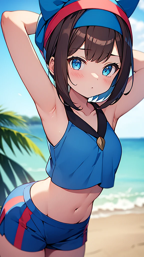 ((Girl having intense vaginal sex with man:1.1)), One girl, May Pokemon, レッド bandana, Brown Hair, short hair, blue eyes, Posing in a blue bikini with her arms raised, chest, Chest cleavage, Thighs, Beach, 32k,Super detailed,Ultra-detailed, NSFW