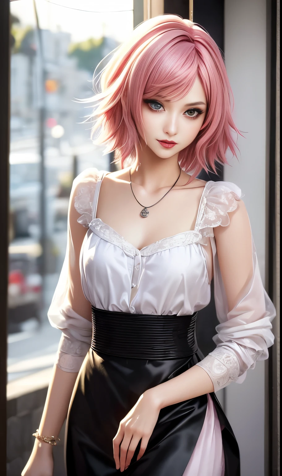 masterpiece, top-quality, ((1womanl)), Adults, different color, finely eye and detailed face, intricate detailes, Casual clothing, window, A smile, Happiness, tenderness, high-level image quality、 selfee, Beautuful Women、tall、The upper part of the body、nightfall, nighttime scene、𝓡𝓸𝓶𝓪𝓷𝓽𝓲𝓬、Korea person, Idol Photos, k pop, Professional Photos, Vampires, Korean fashion in black and white, Fedoman with necklace, inspired by Sim Sa-jeong, androgynous vampire, :9 detailed face: 8, extra detailed face, detailed punk hair, ((eyes are brown)) baggy eyes, Seductive. Highly detailed, semi realistic anime, Vampires, hyperrealistic , Delicate androgynous princess, imvu, ((short hair woman)), Pink hair woman with wild look, ((Woman with short pink hair)), ((1人))