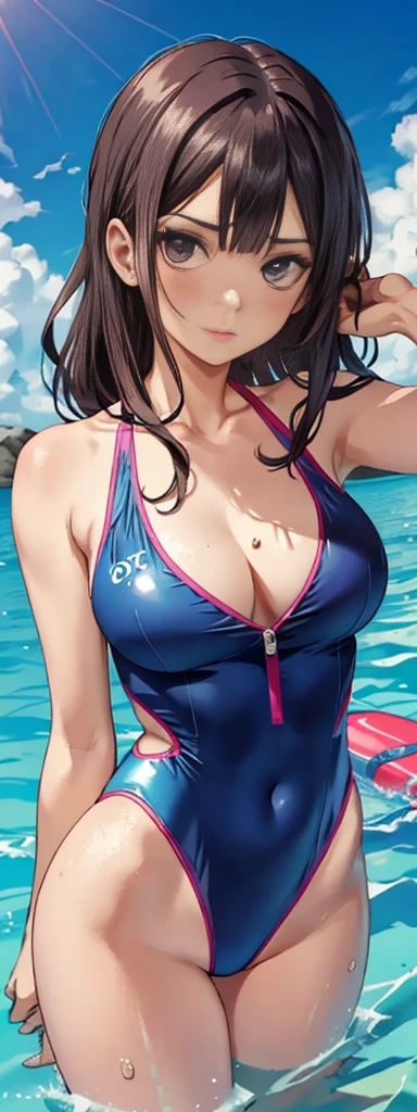 Hairy woman face and one-piece swimsuit