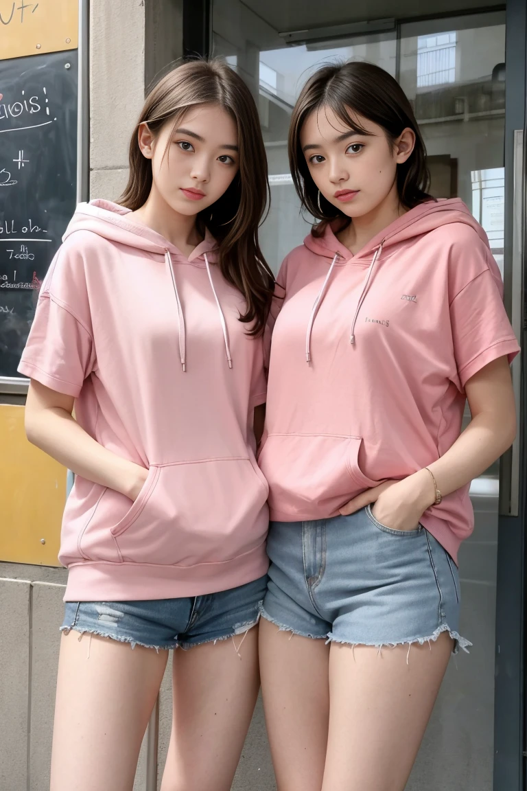deux femmes ensemble de 18 ans sexy et mince , pink short sleeve hoodie , salle de classe, se touche,position sey,sensuel,visible legs,
