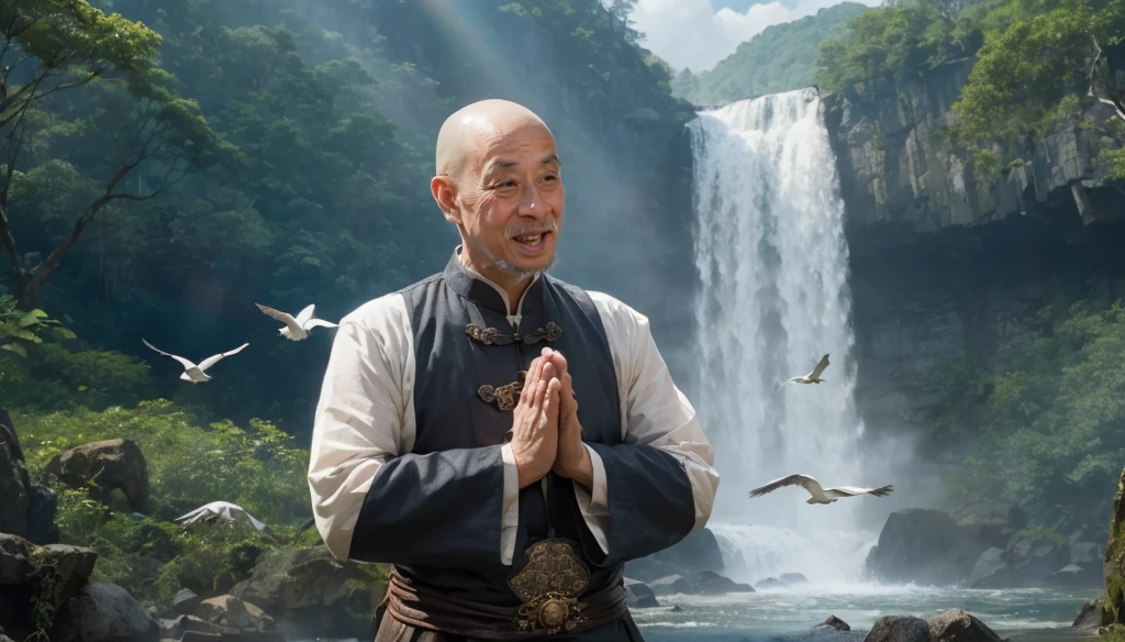 A middle-aged rather thin oriental man with a bald short beard puts his hands together，Showing goodbye，Eyes looking into the camera，Wearing a two-piece light-colored Chinese dress，Standing in the forest with waterfall，There are birds flying，There are white clouds in the blue sky，There is a rainbow above the waterfall，Beautiful and high-definition picture，The details are very clear，With depth of field