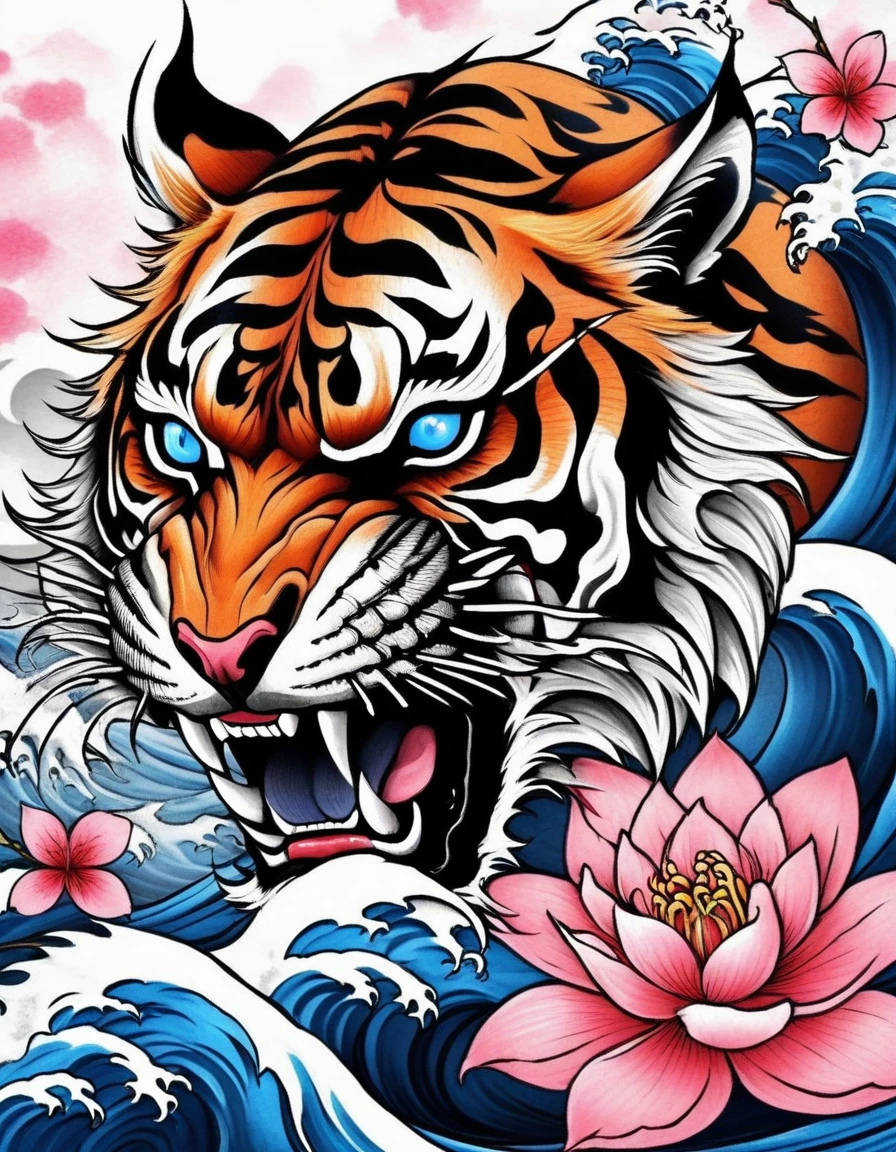 realistic tattoo art of Orange tiger with (((Blue eyes))) with pink sakura petal effect ,he is with open mouth looking very and angry, the background is Japanese wave tattoo, (Unity 16K Wallpaper, masterpiece, Best Quality, high quality, Ultra-detailed, extremely details), a tattoo design, realistic tattoo art of Orange tiger with (((Blue eyes))) with pink sakura petal effect ,he is with open mouth looking very fiercengry, the background is Japanese wave tattoo,