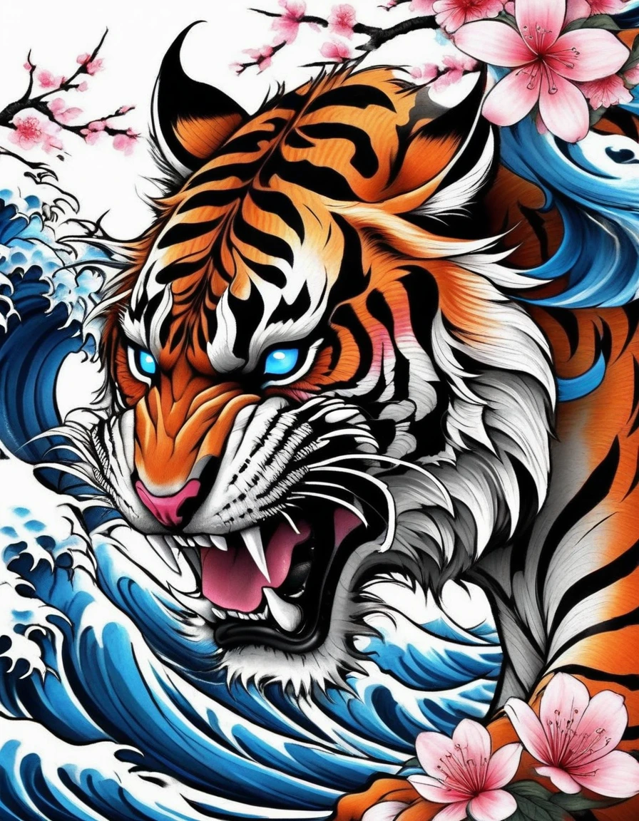 realistic tattoo art of Orange tiger with (((Blue eyes))) with pink sakura petal effect ,he is with open mouth looking very fierce and angry, the background is Japanese wave tattoo, (Unity 16K Wallpaper, masterpiece, Best Quality, high quality, Ultra-detailed, extremely details), a tattoo design, realistic tattoo art of Orange tiger with (((Blue eyes))) with pink sakura petal effect ,he is with open mouth looking very fierce and angry, the background is Japanese wave tattoo,
