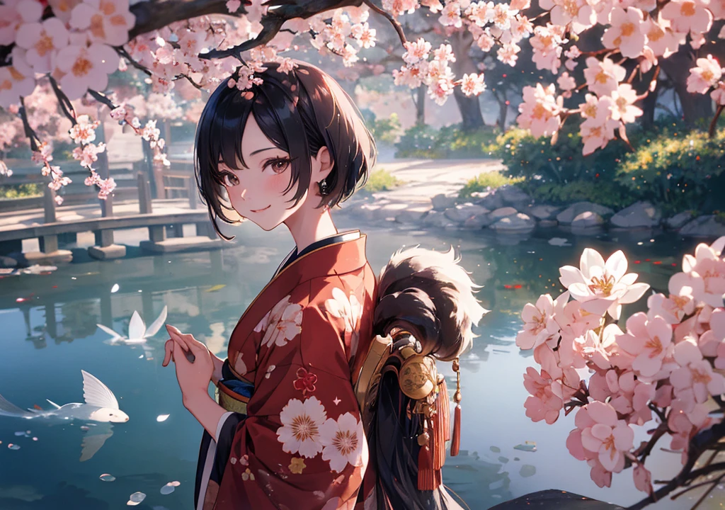 Realistic photos, Focus distance 10mm, Red and white, A big smile, Beautiful girl, Realistic photos, Focus distance 10mmで撮影, masterpiece, 最high quality, high quality, Very detailed CG 8k wallpaper unit, Award-winning photography, Depth of written boundary, High resolution, bloom, chromatic aberration, Realistic, Very detailed, Art Station Trends, CGsociety Trends, Complex, High detail, dramatic, Art on the go, volumetric lighting, A young woman with short black hair, in a traditional kimono with cherry blossom patterns, inspired by Disney's Mulan, standing near a tranquil pond with koi fish