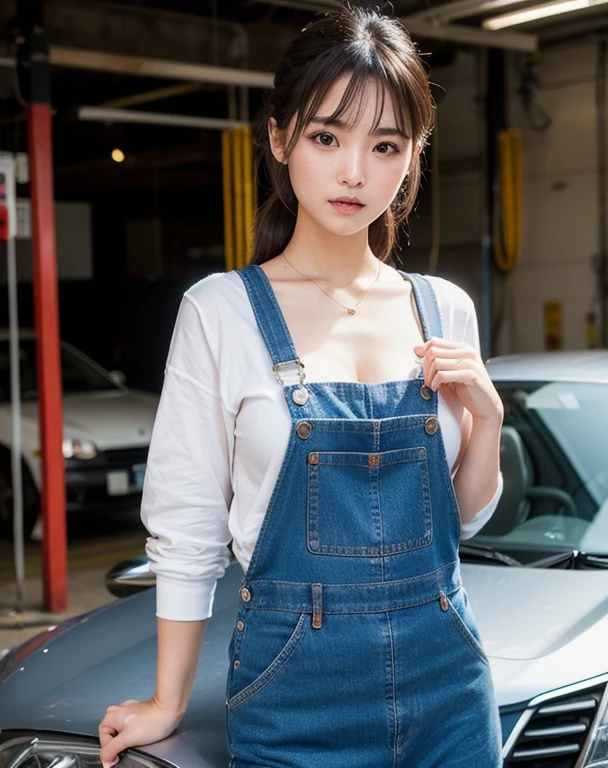 You are a professional photographer。masterpiece、８K、Highest quality, Soft Light, Ultra-high resolution, (Realistic:1.4), RAW Photos,24 years old Japanese girl, alone, cute, (pupil, Light in your eyes),  Beautiful face in every detail, (Small box),(High resolution detail of human skin texture),Cleavage Auto Repair Shop、mechanic、Work Style、Wear tight overalls、Wear long-sleeved work clothes、Roll up your sleeves、Car maintenance、Accurate background、Service１Stand in front of a vehicle
、(Portraiture)