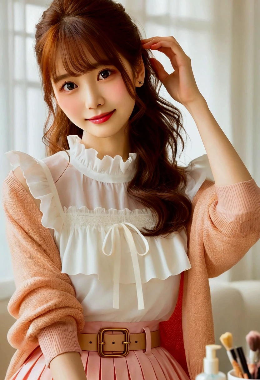 A woman in her fifties with long hair and a pink dress poses for a photo, pretty girl, Ulzzang, Frills, Frillsy outfit, Frillsed blooming collar, korean female fashion model, sakimichan, Korean Girls, Gorgeous Young Korean Woman, Soft and cute colors, Beautiful young Korean woman, Cute Smile, An innocent smile