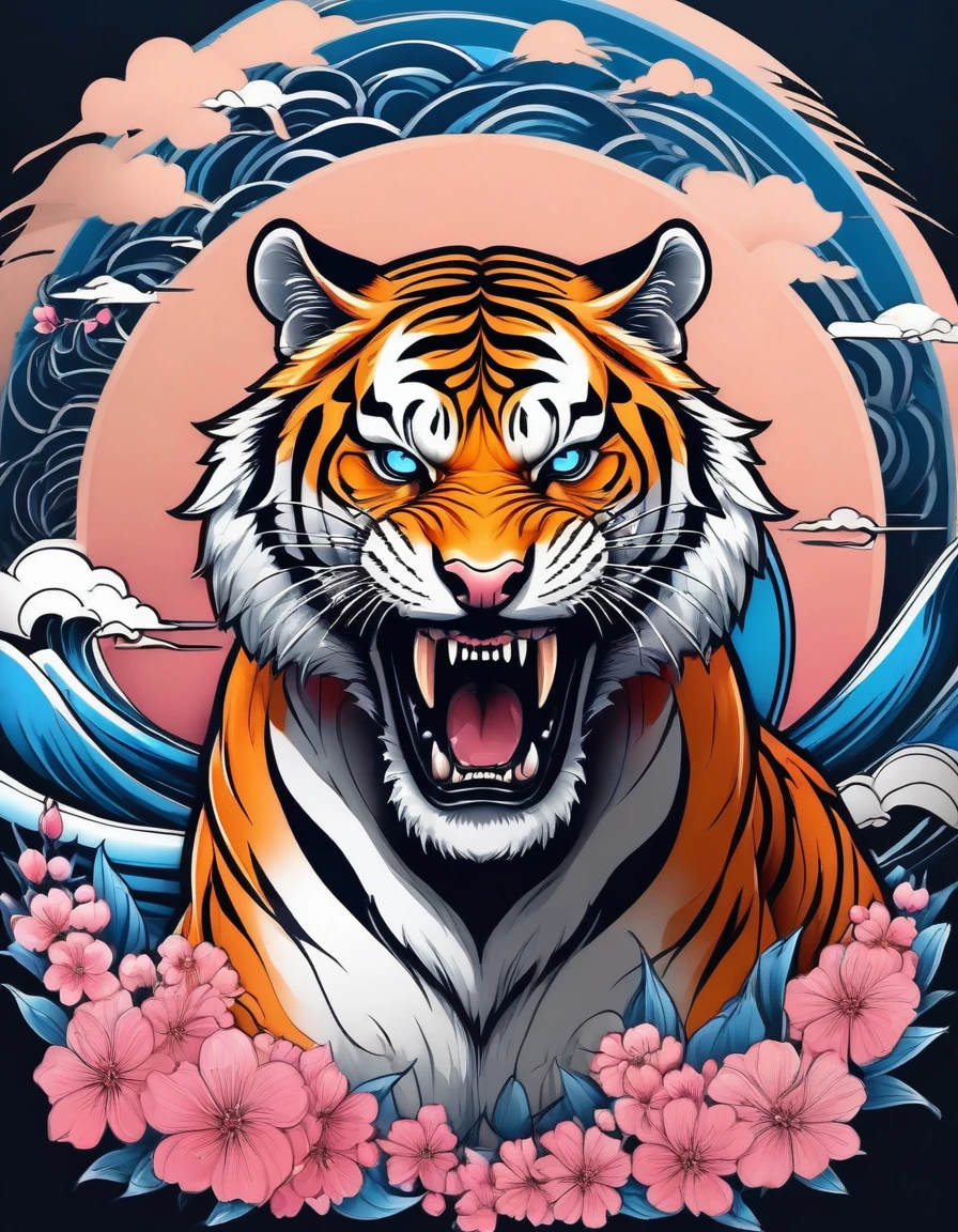 realistic tattoo art of Orange tiger with (((Blue eyes))) with pink sakura petal effect ,he is with open mouth looking very fierce and angry, the background is Japanese wave tattoo, (Unity 16K Wallpaper, masterpiece, Best Quality, high quality, Ultra-detailed, extremely details), a tattoo design, realistic tattoo art of Orange tiger with (((Blue eyes))) with pink sakura petal effect ,he is with open mouth looking very fierce and angry, the background is Japanese wave tattoo,
