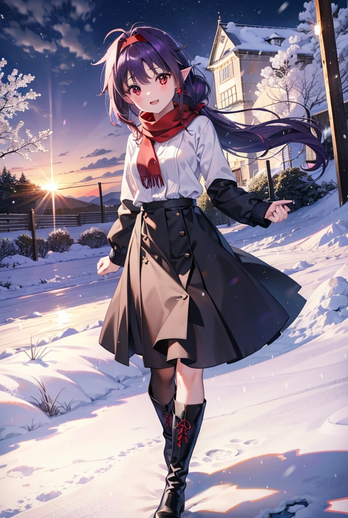 yuukikonno, Konno Yuuki, Long Hair, Pointed Ears, Purple Hair, (Red eyes:1.5), (Small breasts:1.2), Open your mouth,happy smile, smile, Open your mouth,hair band,low twin tail,Red Scarf,Oversized purple sweater,Black pantyhose,Long skirt,short boots,Holding a paper cup of coffee in both hands,Walking,snowが降っている,snowが降り積もっている,snow,snow,snow,snow,snowが積もった木,winter,Cold Sky,night,whole bodyがイラストに入るように,
break looking at viewer,  whole body,
break outdoors, garden,
break (masterpiece:1.2), Highest quality, High resolution, unity 8k wallpaper, (figure:0.8), (Beautiful attention to detail:1.6), Highly detailed face, Perfect lighting, Highly detailed CG, (Perfect hands, Perfect Anatomy),