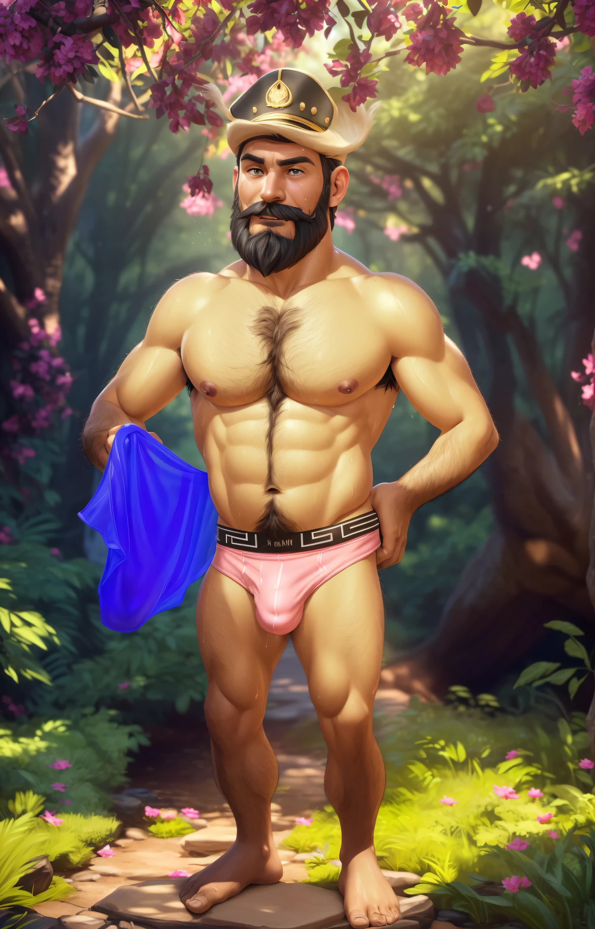 ((there is a man with a beard and a blue shirt on his arm)), (pose:Full Body Shot), (posing:Full Body Shot), (soft shading), (((4k, hi res, Ray tracing))), ((((extreme detailed sweat drops, glistening, glistening body))), (((five fingers, detailed hands))), ((detailed face, (detailed eyes:1.0), detailed)), by zackarry911, by zaush, (by personalami:0.5), looking at viewer, (((horny))), (((old and wise))),shirtless, 1boy, (((body hair))), standing, closed mouth,(((standing))),(((Armpit hair, beard,body hair, nude, thick chest hair, beard, tuft, chest tuft, arm tuft,hairy feet,hairy belly))),(((muscular, sixpack))) ,male focus, black hair, nature, captain hat, (((extreme detailed men pink bikini,pink underwear))), // ((Human,penis bulge))