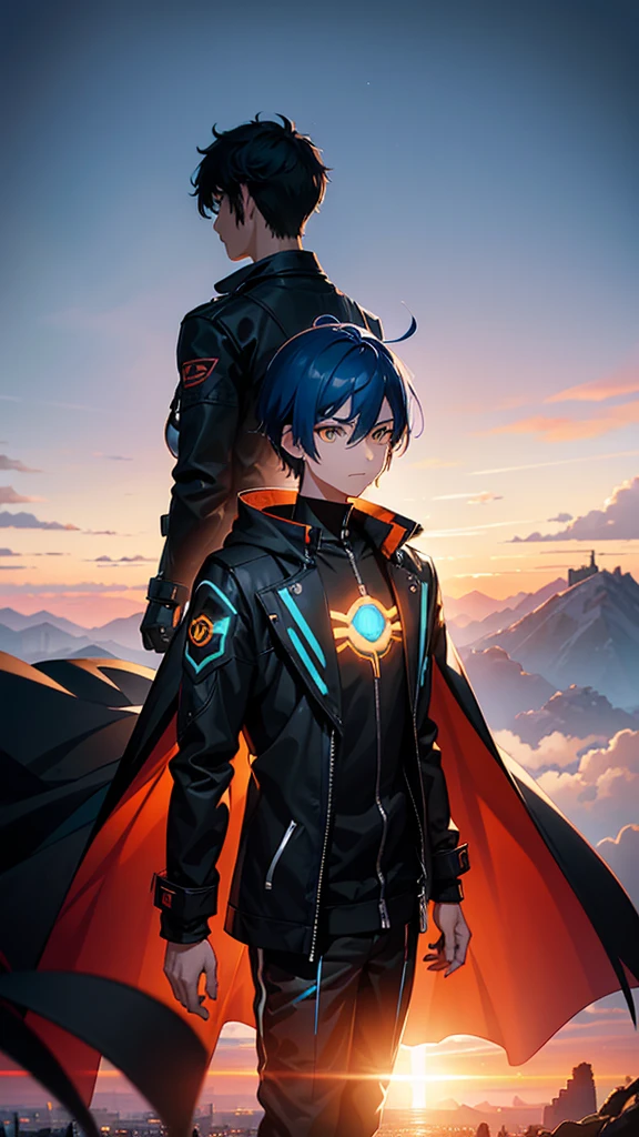 Sunset sky Style, a large black monster standing, futuristic style, Atey Ghailan and Moebius styles, creating an atmosphere that reflects high-tech aesthetics. Surrounded by outer space , Japanese anime style, Gaming texture, wearing a futuristic cybernetic mech suit A pair of angel, A close up of A man Person Standing, Walking Facing Right, a Mouth Smile, Boys a very scared expression, frowning and trembling, Black with Blue Japanese Hairstyles For Men, Yellow_Eyes, skill Hands Right, Blue thunder Effect light, Blue flames, cool, High, a anime Highest style, Blue Hair, powerful, T-shirts, Color cape Blue, a in cool Realistis, a background sunset Buram Perbesaran, digital anime style, sunset, UHD, Lens flare, digital Style, 5D_2D, 5D style, 3d cg rendering, background of a forest in a sunset, HD Best quality beautiful scenery, high resolution, high quality, high detail, stunning photography, in the style of Pixar animation